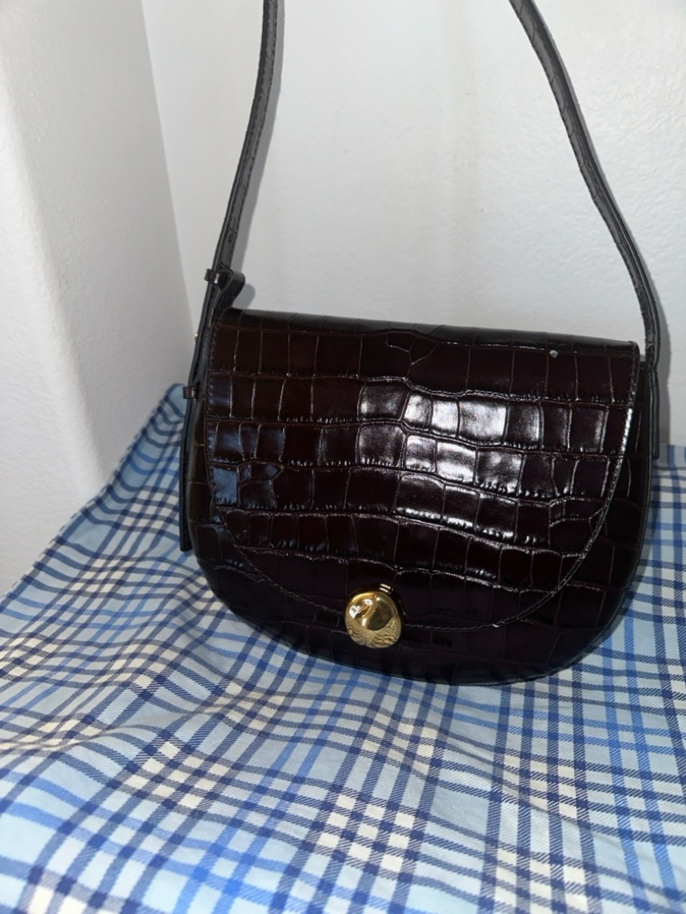 Madewell Dark Brown Croc-Embossed Saddle Crossbody with Gold-Tone Closure